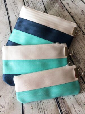 pouch trio in white, minty aqua and navy