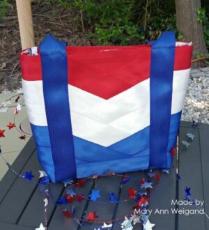 patriotic seat belt tote in red white and blue